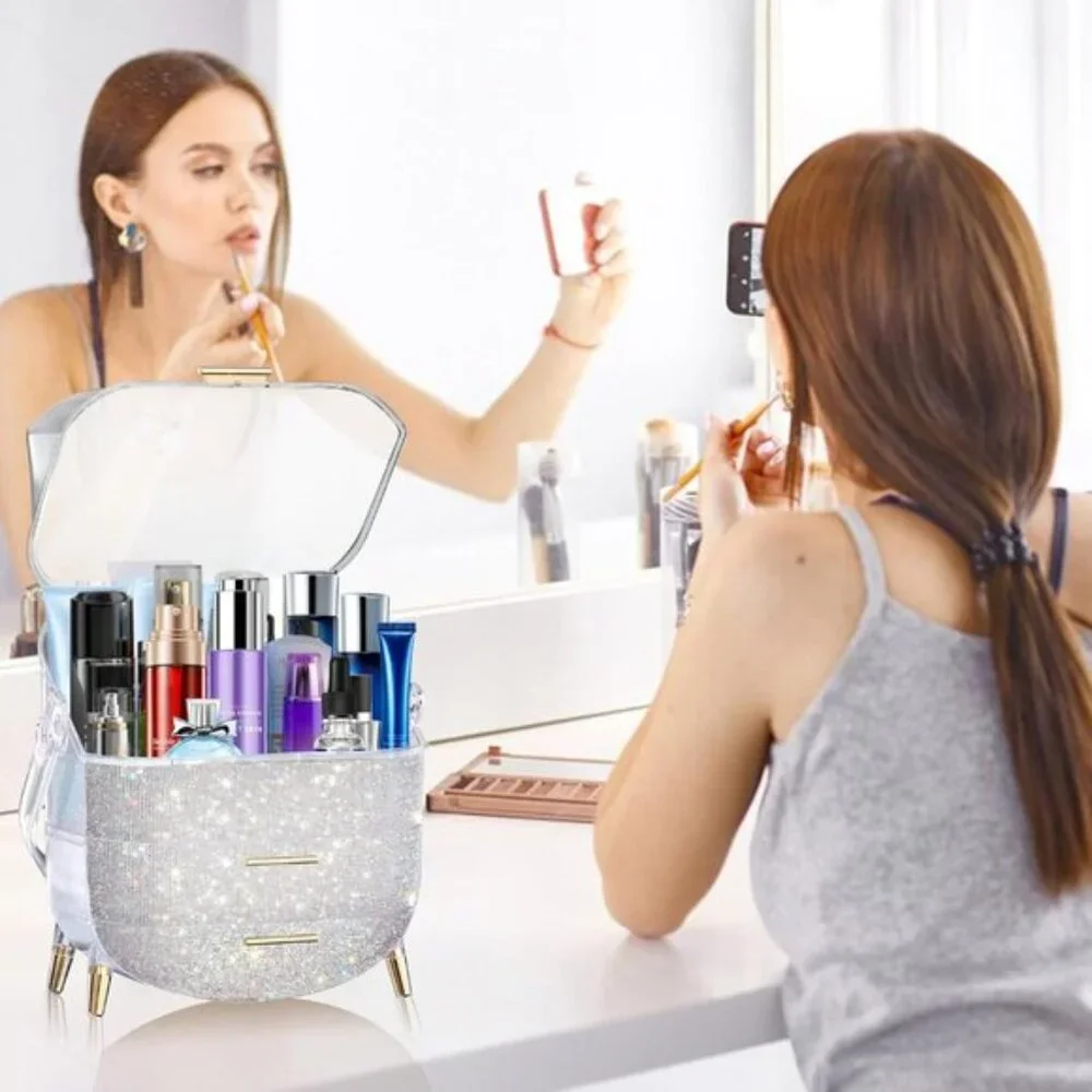 Egg Shape Makeup Storage Box, Portable Preppy Vanity Organizer with Rhinestones